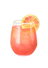 Watercolor cocktail with orange slice on transparent background.