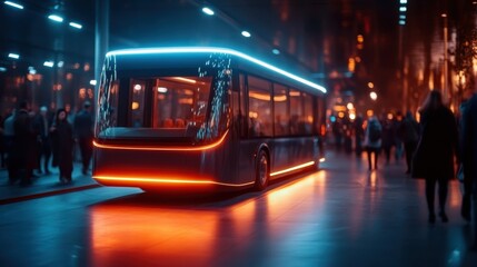 A futuristic bus shines in neon lights amidst a busy urban night, showcasing technological innovation and the dynamic energy of modern city life captured in a vibrant environment.