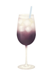 Watercolor cocktail with purple liquid and straw on transparent background.