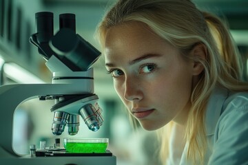 A young female scientist intensely examines a green liquid sample under a microscope in a laboratory setting.