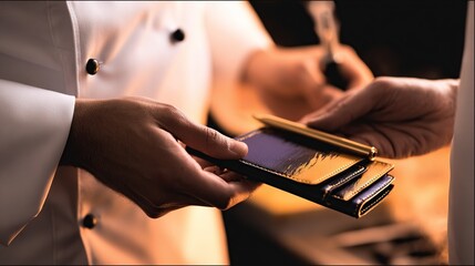 Close-up of two hands exchanging a small, leather-bound item