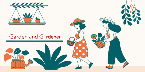 Two women gardeners carrying plants and flowers