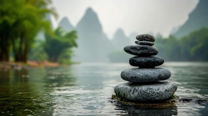 Stacked smooth stones balance in a tranquil river with misty mountains and lush greenery in the background