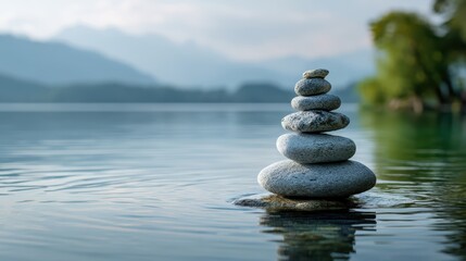Smooth stones are stacked in balance on a calm lake, with misty mountains and trees softly blurred in the background