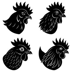 Four black and white rooster heads with detailed feathers and combs in varying orientations and styles