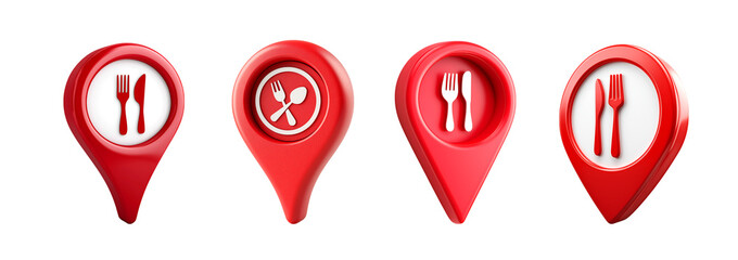 Set of 3D icon of a map marker with a restaurant cutlery sign, A red map pin icon with a cutlery symbol inside isolated on a transparent background