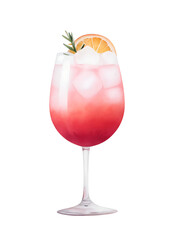 Watercolor pink cocktail with orange slice and rosemary on transparent background.