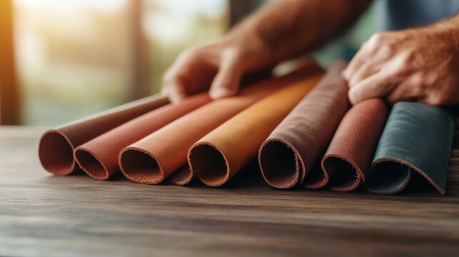A stunning array of rolled leather samples in various colors placed on a wooden surface, showcasing the tactile appeal and richness of fine leather materials.