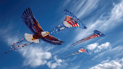 A festival of kites with an eagle and an American flag kite flying high in the clouds.