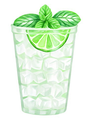 Watercolor mojito cocktail with lime and mint on transparent background.