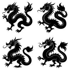 Four black silhouette illustrations of chinese dragons in varying poses on a white background design element