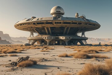 Fototapeta premium Abandoned Alien Outpost in a Decaying Complex on a Barren Sci-Fi Landscape