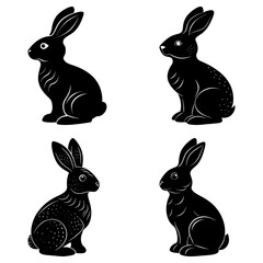 Four black silhouette rabbits sitting in various poses against a white background in a square format