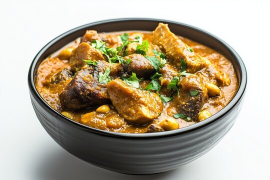 Delicious groundnut sauce stew with tender meat served over matoke on a white background