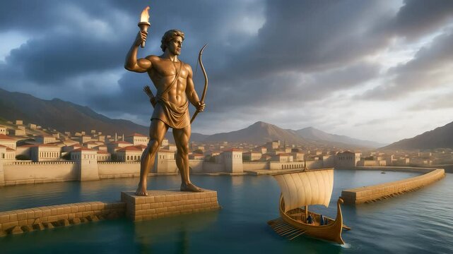 Visualization of Colossus of Rhodes - a statue of the Greek sun god Helios in ancient Greek city harbor. AI generative 
