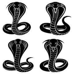 Four black cobra snake illustrations with hood flared and coiled body in a vector format design set