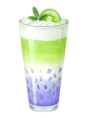 Watercolor kiwi cocktail with mint on transparent background.