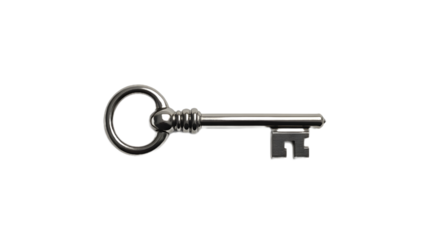 Shiny silver key with classic cut and metallic texture, isolated on transparent background—ideal for security, access, real estate, and digital design themes.
