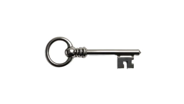 Shiny silver key with classic cut and metallic texture, isolated on transparent background—ideal for security, access, real estate, and digital design themes.
