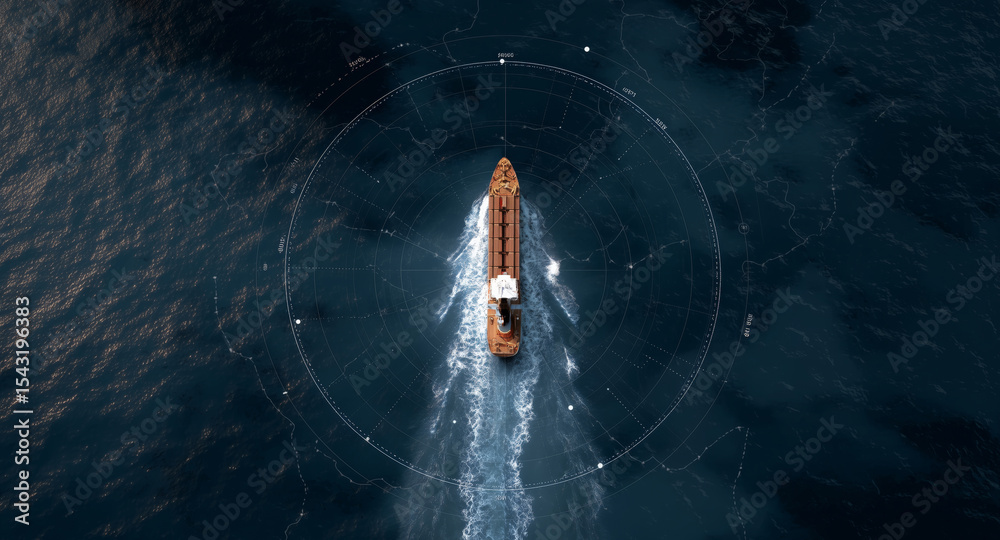 Poster A cargo vessel navigates open waters with advanced autopilot technology. It showcases precision transport capabilities while leaving a distinct wake in its path on a clear day.