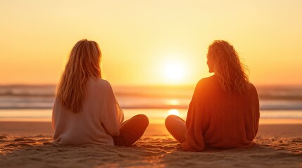 Two friends sit together on the beach, gazing at a breathtaking sunset, reflecting on the beauty of friendship and the warmth of shared experiences by the sea.