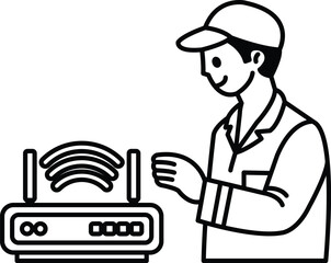 A man is working on a device with a black and white background