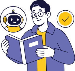 Man reading with robot and check mark, isolated on white background vector illustration.