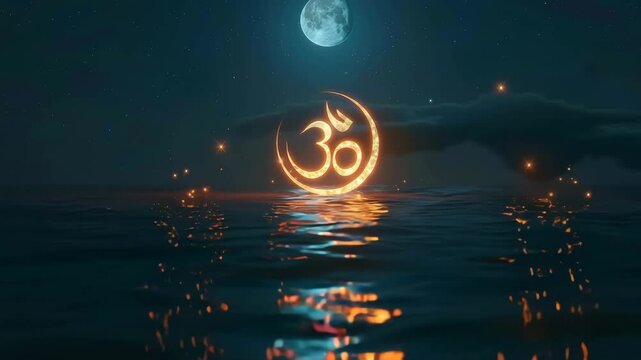 om symbol moon reflection, om symbol ocean light, om symbol water meditation Sacred Om Symbol Floating on Water Mystical Night Ocean Mantra Glow