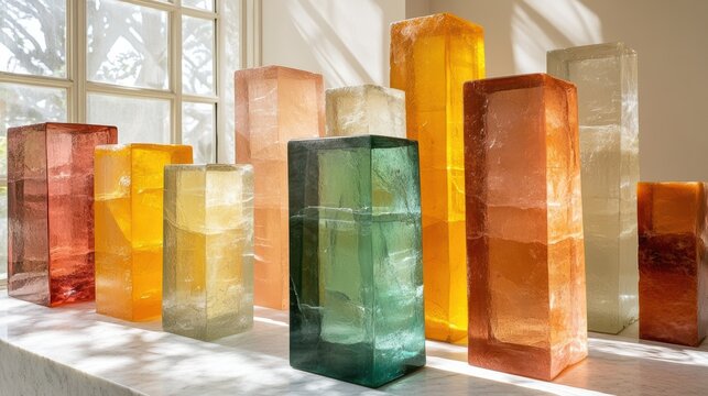 Collection of textured colorful glass bricks on a marble surface casting shadows with window view - Powered by Adobe