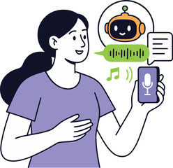AI Assistant Vector Illustration. Woman using AI chatbot on mobile phone.