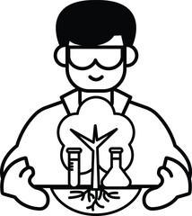 A man in a lab coat holding a plant and a beaker
