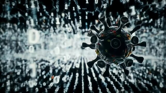 Microscopic Virus Particle Abstract Animation:  Detailed 3D Model of a Virus with Binary Code Background, Reveals the Complexity of Viral Structures and Digital Data.