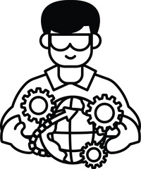 A man is holding a globe with gears on it