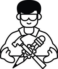 A man is holding a hammer and a pair of scissors