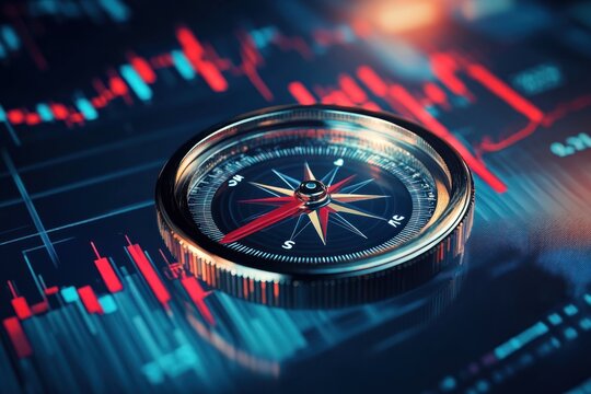Digital compass hovering over stock charts, concept of financial guidance