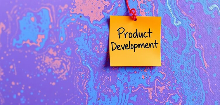 Orange sticky note with "Product Development" handwritten,   implementation,  orange