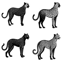 Four stylized leopards in black and white with spotted patterns standing in side profile poses on white