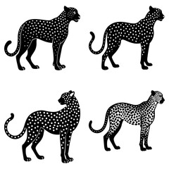Four stylized black and white leopards with spotted patterns standing in various poses on a white background