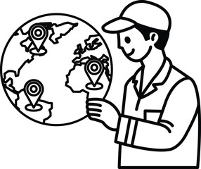 A man is holding a globe and pointing to different locations on it