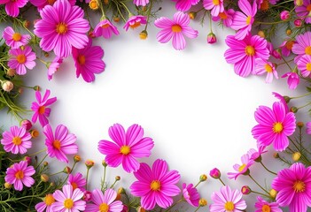 Pink cosmos flowers create a vibrant floral border, top-down view,   summer flowers,  bloom