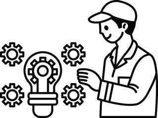 A man is standing in front of a light bulb with a bunch of gears