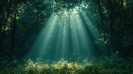 Obraz premium Sunlight filtering through a dense forest.