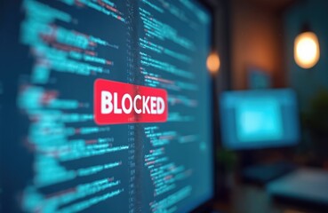Computer screen displays blocked message indicating restricted access, censorship content filtering. Cyber security, internet safety concepts. Information limitation, web access denial, error warning