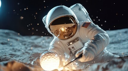 An astronaut in a spacesuit is focused on the lunar surface, using tools to explore and collect samples while surrounded by the stark, beautiful lunar landscape.
