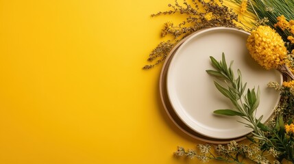 A beautifully arranged floral composition beside a plate against a vibrant yellow backdrop, capturing aesthetic appeal, creativity, and the vibrancy of nature in an artistic setting.