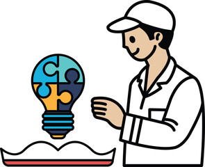 A man is standing in front of a puzzle with a light bulb on it
