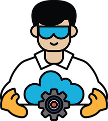 A man in a white shirt is holding a cloud with a gear in his hand