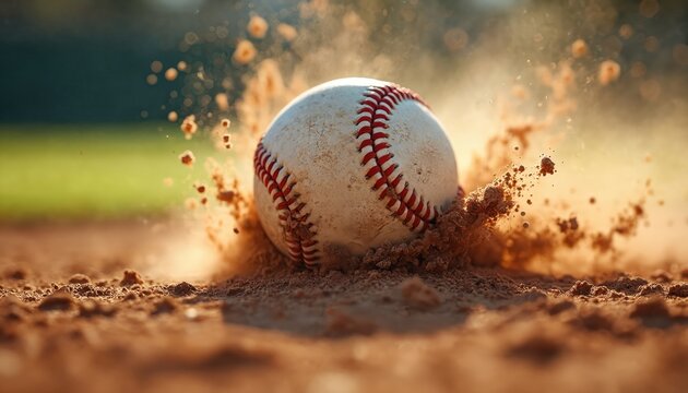 Baseball ball in motion, kicking up dirt. Sport equipment on field, action shot of game. Dynamic play with ball flying on diamond. Sports, competition, action, baseball game concept.