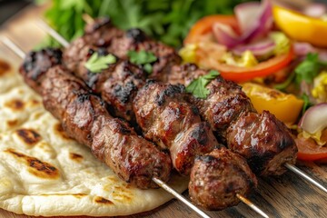Delicious kebab skewers served with warm naan and fresh vegetables for a flavorful meal