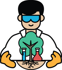 A man in a lab coat holding a tree and a beaker